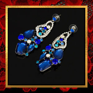 Long Blue Cluster Rhinestone Earrings #731